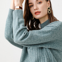 恒源祥2019秋冬纯羊毛衫女半高领宽松厚毛衣菱格织纹坑条毛针织衫