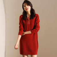 恒源祥连帽抽绳羊毛衫女休闲针织卫衣裙19秋冬中长款半拉链毛衣裙