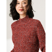 恒源祥半高领羊毛衫女秋冬复古花纱套头厚毛衣2019新款抽条针织衫