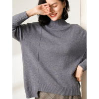 恒源祥半高领羊毛衫女秋冬宽松厚毛衣宽松慵懒落肩袖针织衫不规则