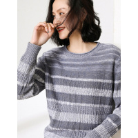 恒源祥时尚花纱条纹撞色羊毛衫女秋冬新款微卷边毛衣正反针针织衫