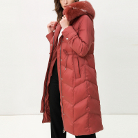 恒源祥修身羽绒服女大毛领中长款过膝白鸭绒大衣秋冬抽绳收腰外套