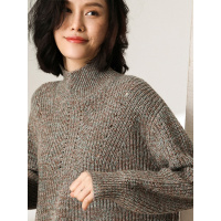 恒源祥廓形宽松半高领羊毛衫女秋冬花纱保暖厚毛衣慵懒风针织衫