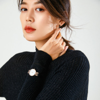 恒源祥2019秋冬抽条半高领针织衫女亮丝点缀修身纯羊毛衫黑色毛衣