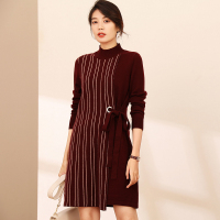 恒源祥撞色条纹拼接羊毛衫女秋冬19新款毛衣裙中长款针织衫侧绑带