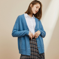 恒源祥绞花落肩袖纯羊毛衫女开衫2019秋冬宽松毛衣外套外搭针织衫