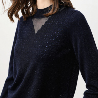 恒源祥半高领纯羊毛衫女中年套头镶钻毛衣秋冬妈妈拼接网纱针织衫