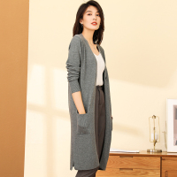 恒源祥中长款一粒扣针织衫女开衫2019秋冬纯色毛衣外套羊毛衫口袋