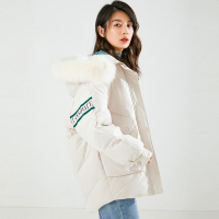 恒源祥休闲连帽羽绒服女冬中长款保暖白鸭绒大衣狐狸毛领加厚外套