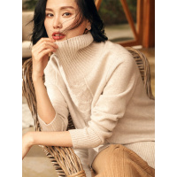 恒源祥秋冬绞花高领纯羊绒衫女厚毛衣侧开叉宽松套头针织衫慵懒风