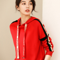 恒源祥羊毛衫女休闲连帽针织卫衣2019秋冬撞色条纹套头毛衣插肩袖