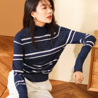 恒源祥时尚撞色条纹羊毛衫女2019秋冬装亮丝高领针织衫手套袖毛衣