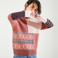 恒源祥2019秋冬新款圆领拼色女士羊绒衫宽松休闲绞花厚毛衣针织衫