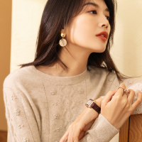 恒源祥19秋冬纯羊绒衫女圆领套头纯色针织衫手工钩花毛衣外穿上衣