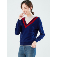 恒源祥羊毛衫女秋冬装新款撞色假两件针织衫半圆领毛衣拼色打底衫