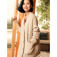 恒源祥中长款山羊绒开衫女针织 2019秋冬麻花厚毛衣外搭纯色外套