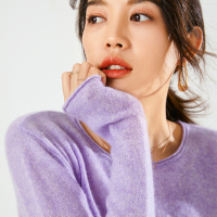 恒源祥温暖减龄套头纯羊绒衫女卷边设计针织衫薄款花纱少女感毛衣