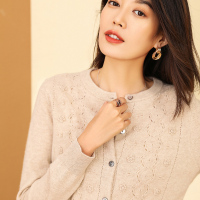 恒源祥2019秋冬纯羊绒衫女开衫纯色针织衫手工钩花毛衣外套单排扣