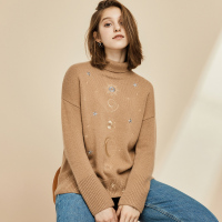 恒源祥高领纯羊绒衫女套头19秋冬提花刺绣星辰图案毛衣外穿针织衫