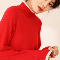 恒源祥19秋冬全羊绒衫女士撞色条纹配边针织衫前短后长侧开叉毛衣