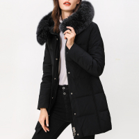 恒源祥秋冬新款羽绒服女大毛领中长款修身连帽白鸭绒大衣纯色外套