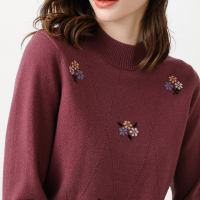 恒源祥嵌花纯羊毛衫女2019秋冬中年图案毛衣复古亮钻半高领针织衫