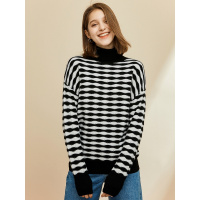 恒源祥高领羊绒衫女秋冬装时尚个性波浪条纹撞色针织衫中长款毛衣