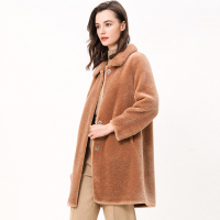 恒源祥大衣女颗粒羊剪绒中长款秋冬复合皮毛一体羊羔全毛女装外套