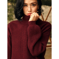 恒源祥纯羊绒衫女高领2019秋冬慵懒宽松厚毛衣灯笼袖侧开叉针织衫