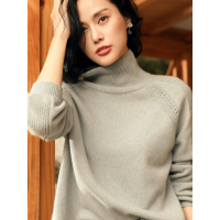 恒源祥2019秋冬纯山羊绒衫女高领慵懒宽松厚毛衣套头插肩袖针织衫