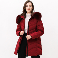 恒源祥狐狸毛领修身羽绒服女中长款白鸭绒大衣2019秋冬季保暖外套