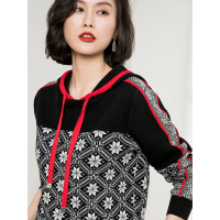 恒源祥套头厚毛衣女装连帽2019秋冬宽松休闲提花针织衫卫衣含羊毛