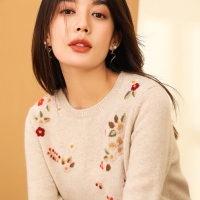 恒源祥圆领羊绒衫女套头2019秋冬新款手工绣花图案毛衣时尚针织衫