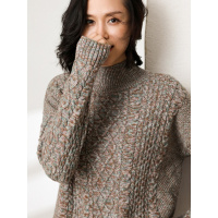 恒源祥半高领羊毛衫女装秋冬新款绞花厚毛衣侧开叉复古花纱针织衫