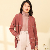恒源祥纯羊绒衫女开衫2019秋冬厚款毛衣外套手工绣花单排扣针织衫
