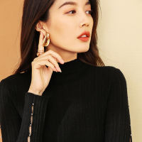 恒源祥48支抽条修身羊毛衫女2019秋冬新款纯色钉珠针织衫微透毛衣