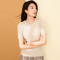 恒源祥短袖全山羊绒衫女装2019秋冬季新款圆领套头针织衫坑条毛衣