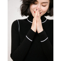 恒源祥秋冬新款毛衣女装纯羊毛撞色线条高领套头羊毛衫修身针织衫