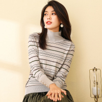 恒源祥半高领亮丝羊毛衫女装秋冬条纹间色针织衫袖口钉珠套头毛衣