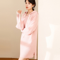 恒源祥连帽中长款羊毛衫女连衣裙秋冬针织卫衣拼接双层撞色袖毛衣