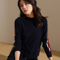 恒源祥中长款羊毛衫女休闲卫衣裙秋冬撞色条纹毛衣连衣裙抽绳收腰