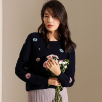 恒源祥套头羊毛衫女2019秋冬新款提花毛衣复古亮钻点缀外穿针织衫