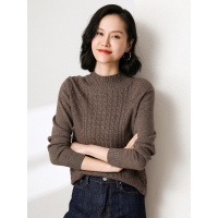 恒源祥纯山羊绒衫女秋冬套头半高领毛衣2019复古绞花针织衫侧开叉