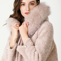 恒源祥连帽羊羔毛外套女2019秋冬颗粒新款羊剪绒大衣狐狸毛领皮
