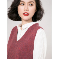 恒源祥纯色羊毛背心女秋冬19新款套头针织衫V领无袖马甲外搭毛衣