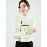 恒源祥线条半高领羊毛衫女装套头线条提花针织打底衫2019秋冬毛衣