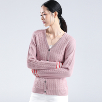 恒源祥纯羊毛衫女装开衫春秋绞花彩色配边针织外套复古单排扣毛衣