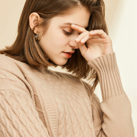 恒源祥秋冬新款纯羊毛衫女半高领套头厚毛衣复古绞花针织衫落肩袖