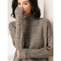 恒源祥半高领羊毛衫女装秋冬方格织纹厚毛衣侧开叉复古花纱针织衫