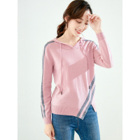 恒源祥连帽针织卫衣女秋冬2019新款套头条纹撞色毛衣侧开叉羊毛衫